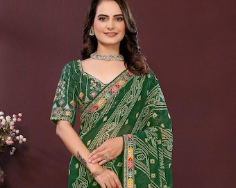 Georgette Saree: Digital Print with Embroidery Work  border Party Wedding Wear