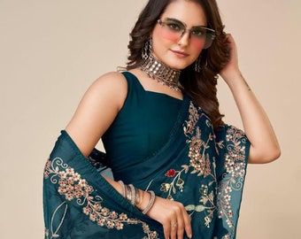 Dark Teal Embroidered Silk Saree: Bollywood Wedding Designer Sari