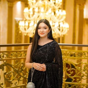 Black Georgette Sequin Saree: Indian Wedding Party Sari