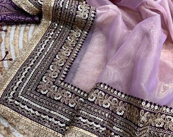 Sequence & Dori Embroidered Net Saree: Jacquard Silk Blouse, Lace Border