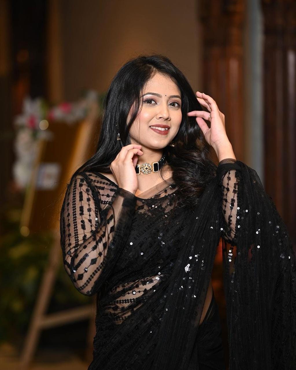 Black net saree party wear discount