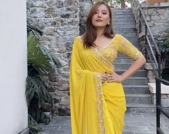 Chiffon Saree: Heavy Embroidery, Sequins Lace Border, Unstitched Blouse