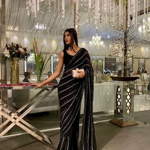 Black Georgette Sequin Saree: Embroidered Party Wedding Sari