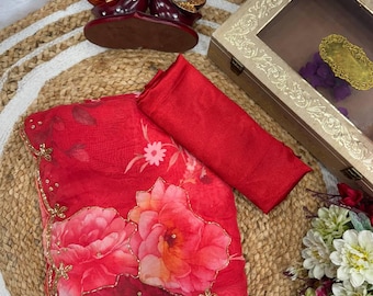 Floral Print Tebby Silk Saree: Katdana & Pearl Handwork