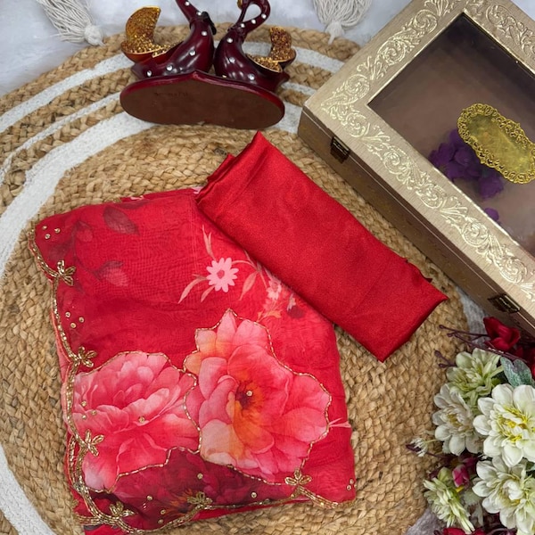 Floral Print Tebby Silk Saree: Katdana & Pearl Handwork