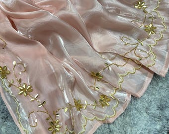 Pink Handwork Embellished Saree: Pearls & Cut Dana, Jimmi Choo Fabric