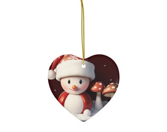 Snowman with Mushrooms Ceramic Ornament, 4 Shapes