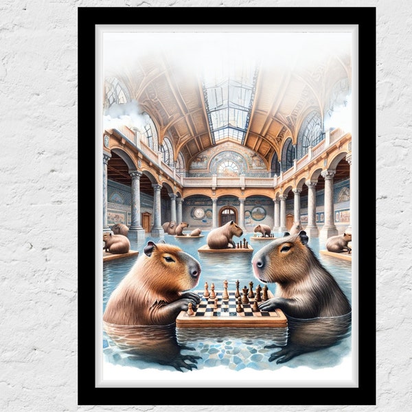 Capybaras Playing Chess in Budapest Bathhouse Print | Chess Playing Capybara Poster Wall Art