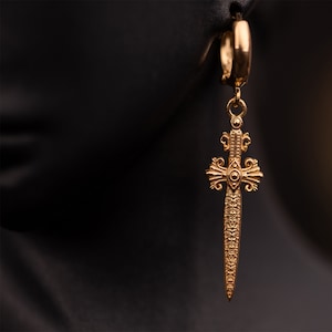 Antique Style Earring with Embroidered Sword Motifs - Sword Earlobe Earring 14K Solid Gold or 925 Silver Selection