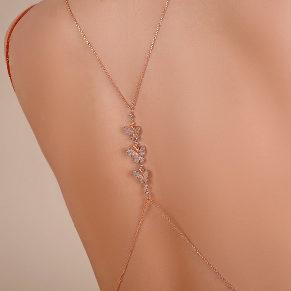 Butterfly Dorsal Chain with Zircon - 925 Silver Body Jewelry - Back Chain Jewelry - Shoulder Decollete Chain - Summer Jewelry - Gift for Her