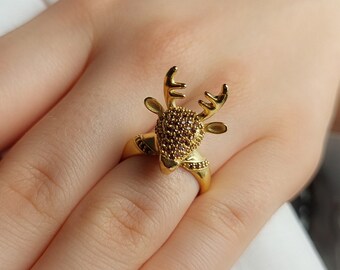 Dainty Deer Ring with Zircon Stones - Christmas Ring Deer Jewelry 925 Sİlver or 14K Solid Gold Options