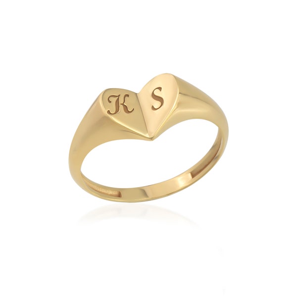 Personalized Heart Two Initials Sterling Silver Signet Ring - Valentine's Day Gift for Couple - Split Heart Capital Letters Monogram Ring