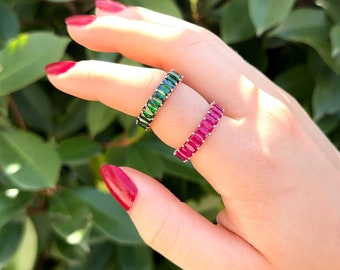 BAGUETTE EMERALD Silver RING Ruby or Emerald Options- Cz Baguette Ring Multi Stone Band Ring with 14K Gold- Gift For Girlfriend