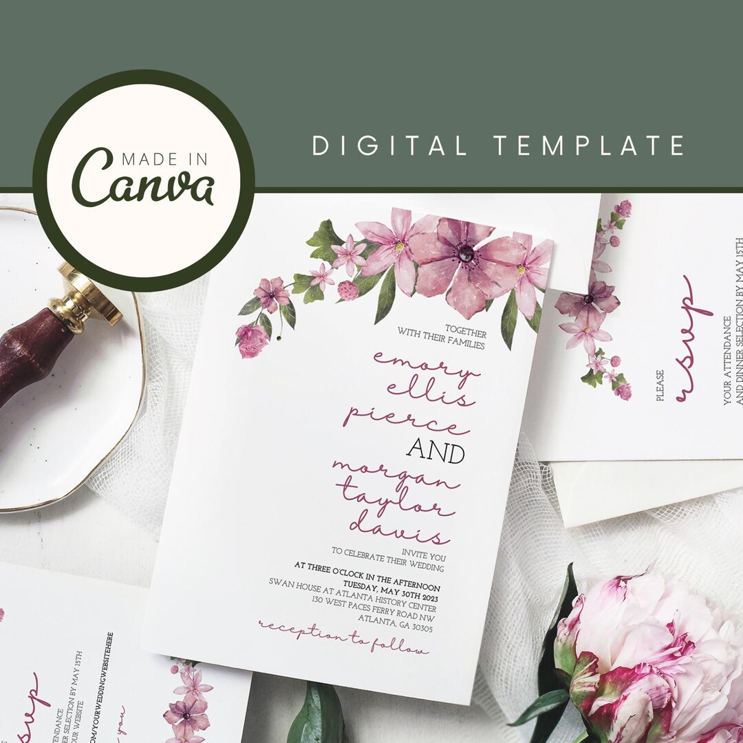 Pink Floral | Wedding Invitation Canva Template - Etsy