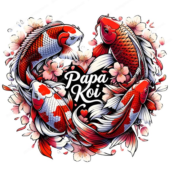 Papa Koi Valentine's Day Clipart - Heart Shaped Japanese Koi Fish Watercolor, Love-Themed Fish Art PNG, Digital Download for Gifts and Decor
