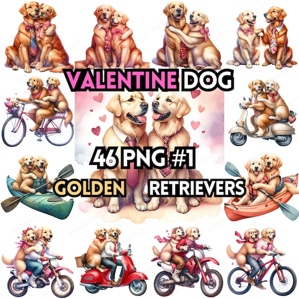 Valentine's Day Golden Retriever Clipart - Romantic Dog Couple Watercolor Activities, Love Dog, Love-Themed PNG File, Digital Art for Crafts