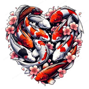 Puede incluir: Un arreglo en forma de corazón de peces koi coloridos con escamas rojas, blancas y negras, rodeados de flores de cerezo rosas.