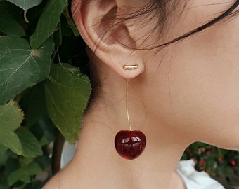 Red Cherry Dangle Oorbellen, Cherry Oorbellen, Lichtgewicht Oorbellen, Rode Oorbellen, Fruit Oorbellen, Unieke oorbellen