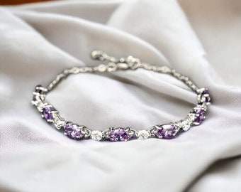 Bracciale in argento ametista, bracciale in argento 925 con pietre preziose, bracciale in argento, gioielli minimalisti, bracciale viola, per lei
