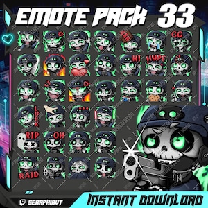 Puede incluir: Un conjunto de 33 emoticonos animados de Twitch con un personaje de calavera en varias poses y expresiones. Los emoticonos están diseñados en un esquema de color negro y verde con ojos verdes brillantes. Los emoticonos incluyen expresiones como "ban", "gg", "hype", "rip", "raid", y más.