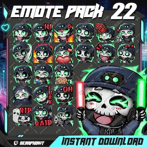 May include: A set of 22 Twitch emotes featuring a skull character in various poses and expressions. The emotes are designed in a cartoon style with a black and green color scheme. The emotes include expressions like "Hi", "Lurk", "Oh", "Raid", "Rip", "Can", "Sad", "Angry", and more.
