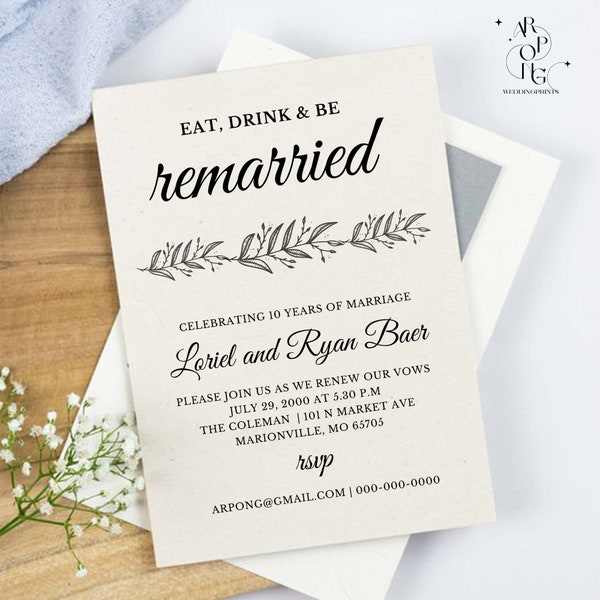 Vow Renewal Invitation Template, Eat Drink Get Married, Minimalist Style, DIY Wedding Anniversary, Rustic, Vow Renewal, 100% Editable, VR-02