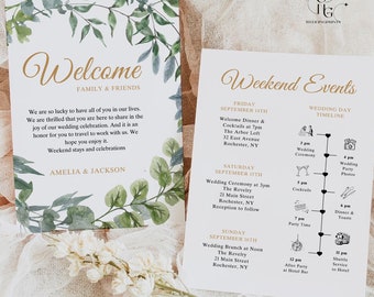 Wedding itinerary template, minimalist greenery, agenda, wedding timeline, 100% editable text, DIY, WIT-1001-102