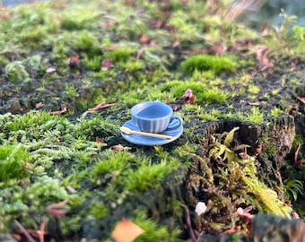 Mini Coffee Service – Set with Cup, Plate and Golden Spoon for Fairy Gardens or Miniature Decor