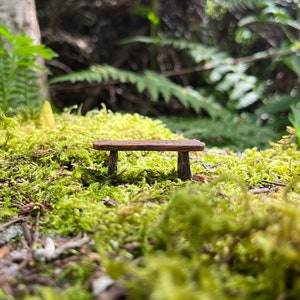 May include: A miniature wooden bench sits on a bed of green moss. The bench is made of dark brown wood and has a simple design.