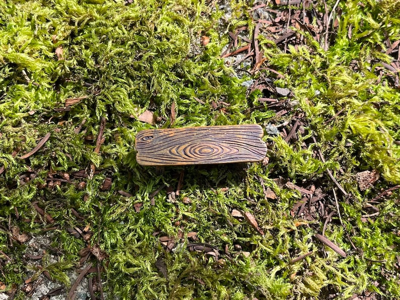 May include: A small wooden plaque with a wood grain pattern. The plaque is brown with a light brown wood grain pattern. The plaque is sitting on a bed of green moss.