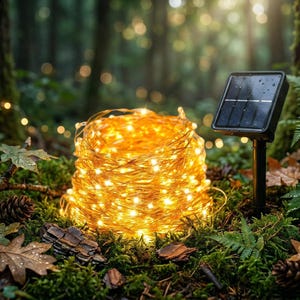 May include: A bundle of warm white LED string lights, illuminated, sits on a bed of moss, leaves, and pinecones. A small black solar panel is positioned nearby. The background is a blurred forest scene with bokeh lights.