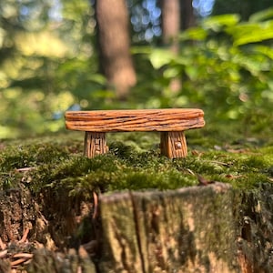 May include: A miniature wooden bench with a textured surface, resting on a mossy surface. The bench has a rustic appearance with visible wood grain and is supported by two small legs. The background is blurred, showing a forest setting.