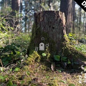 May include: DIY fairy house kit featuring a small wooden door with a heart-shaped window, a ladder, and a small window. The kit is displayed on a tree stump in a forest setting.