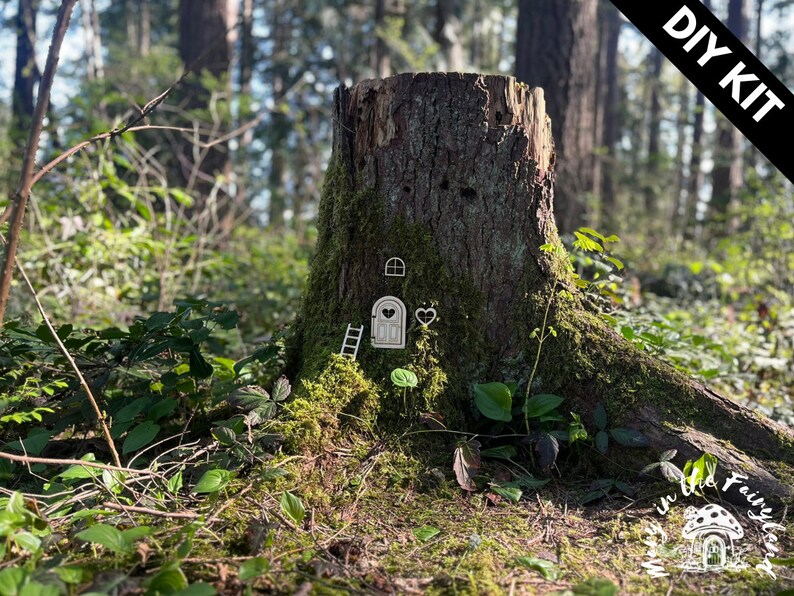 May include: DIY fairy house kit featuring a small wooden door with a heart-shaped window, a ladder, and a small window. The kit is displayed on a tree stump in a forest setting.