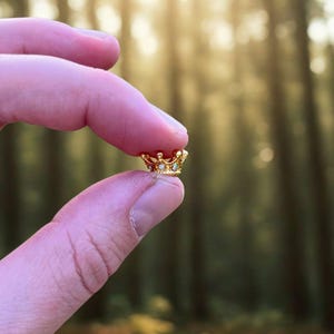May include: A small, gold-colored crown with clear gemstones is held between two fingers. The crown has a classic design with rounded arches and is set against a blurred background of green trees and sunlight.