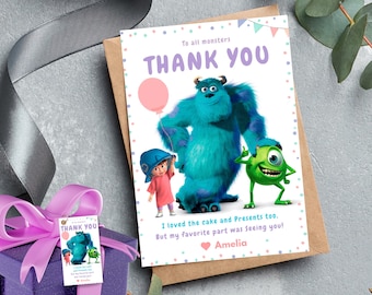 Plantilla de agradecimiento editable de Monsters University, tarjeta de agradecimiento de Monster Inc., etiqueta de agradecimiento de cumpleaños de Monsters Inc., etiqueta de cumpleaños de Baby Monster