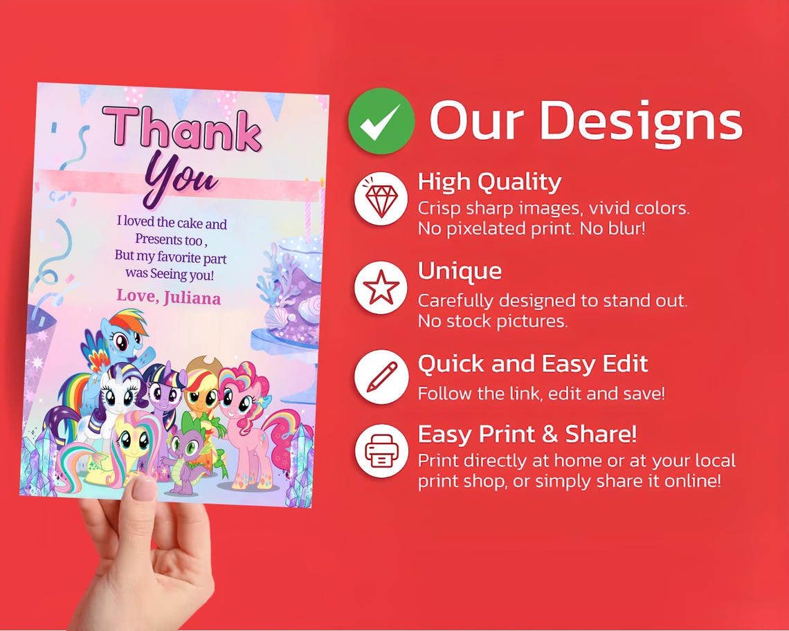 Editable Pony Birthday Thank You Card Unicorn Pony Thank You Card for ...