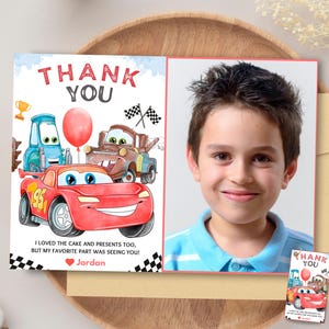 Cars Verjaardagsbedankkaart met foto Cars Lightning McQueen Verjaardagsfeestje Autofeestcadeau Mater Cars Verjaardagsfotokaart autoretourcadeau