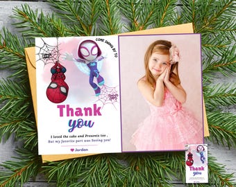 Tarjeta de agradecimiento con foto de cumpleaños de Spidey y sus increíbles amigos Tarjeta de regalo con foto de Spidey para niña con foto de regalo de Spidey