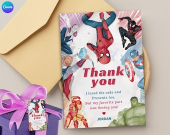 Superhero thank you card Captain america vs Ironman & Spidey Hulk Thor Birthday Superhero thank you card Avengers doomsday party favor gifts