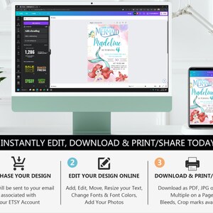 Puede incluir: Un monitor de computadora y un tel&eacute;fono inteligente muestran una invitaci&oacute;n con tem&aacute;tica de sirena para un cuarto cumplea&ntilde;os. La invitaci&oacute;n presenta una sirena de dibujos animados con cabello rojo y el texto "Our Little Mermaid Madeline is turning 4". El logotipo de Canva est&aacute; en la esquina superior izquierda.