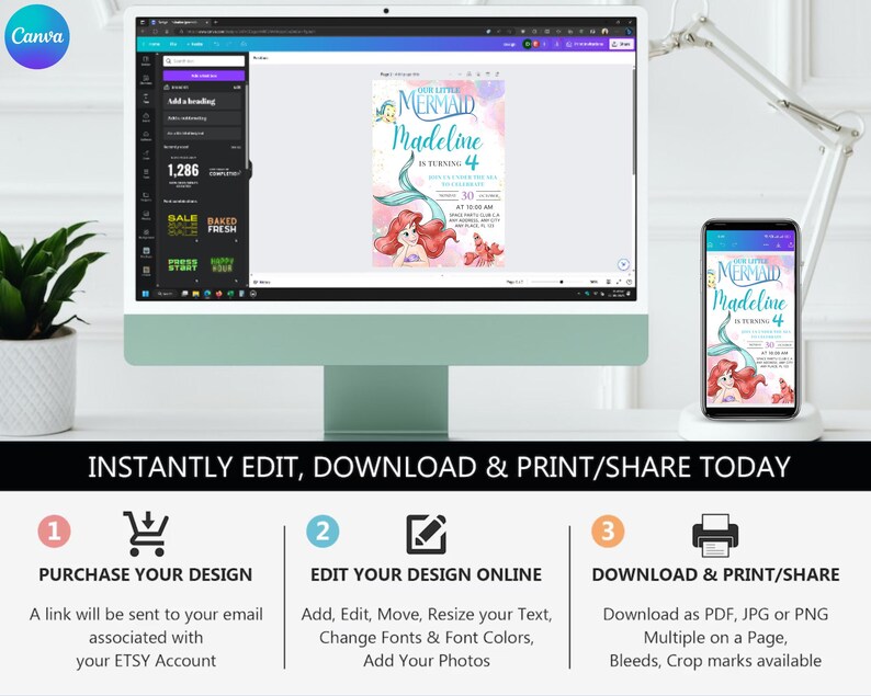Puede incluir: Un monitor de computadora y un tel&eacute;fono inteligente muestran una invitaci&oacute;n con tem&aacute;tica de sirena para un cuarto cumplea&ntilde;os. La invitaci&oacute;n presenta una sirena de dibujos animados con cabello rojo y el texto "Our Little Mermaid Madeline is turning 4". El logotipo de Canva est&aacute; en la esquina superior izquierda.