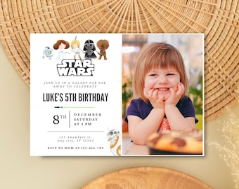 Plantilla moderna de invitación con foto de cumpleaños de Star Wars Diseño minimalista de cumpleaños de Star Wars con foto Tarjeta de cumpleaños de Star Wars Invitación a fiesta de Star Wars
