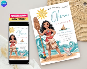 Invitación de cumpleaños editable de Moana Invitación de cumpleaños de Moana hawaiana Tarjeta de cumpleaños de bebé Moana Fiesta de cumpleaños de niña Moana Fiesta temática de Moana