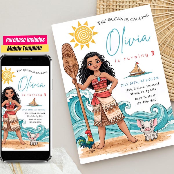 Editable Moana Birthday Invitation Hawaiian Moana Birthday Invitation Baby Moana Birthday card moana girl birthday party moana theme party