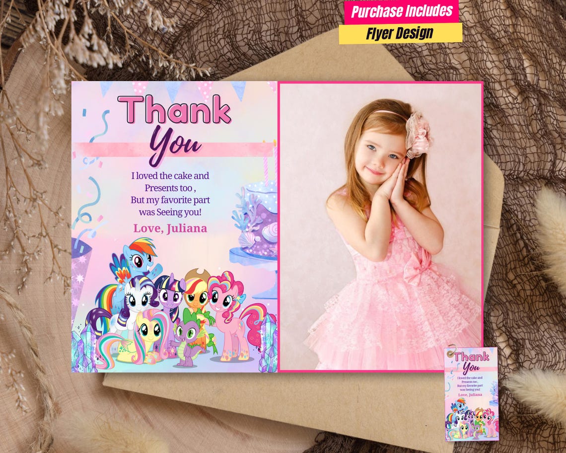 Editable Pony Birthday Thank You Card Unicorn Pony Thank You Card for ...