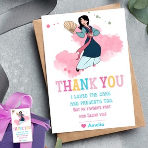 Tarjeta de agradecimiento editable de Mulan, tarjeta de agradecimiento imprimible con temática de Mulan, regalo de agradecimiento de princesa rosa y azul, etiqueta personalizada para fiesta de Mulan
