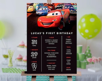 Fiesta de cumpleaños de Cars editable, hito de Cars, letrero de hito de Cars, tema de la película Cars, cumpleaños, camión de carga, camión de bomberos, coche deportivo, tablero de hitos