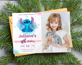 Plantilla de invitación de cumpleaños de Stitch con foto Invitación de cumpleaños de Stitch y ángel Imagen de invitación de cumpleaños con foto editable de Lilo y Stitch