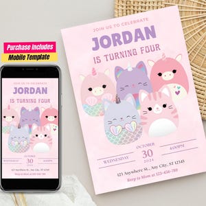 Bearbeitbar Squish Marshmallow Geburtstagsfeier-Einladung Rosa Marshmallows Geburtstagseinladung Squishy Spielzeug Thema Geburtstagsfeier-Einladungskarte